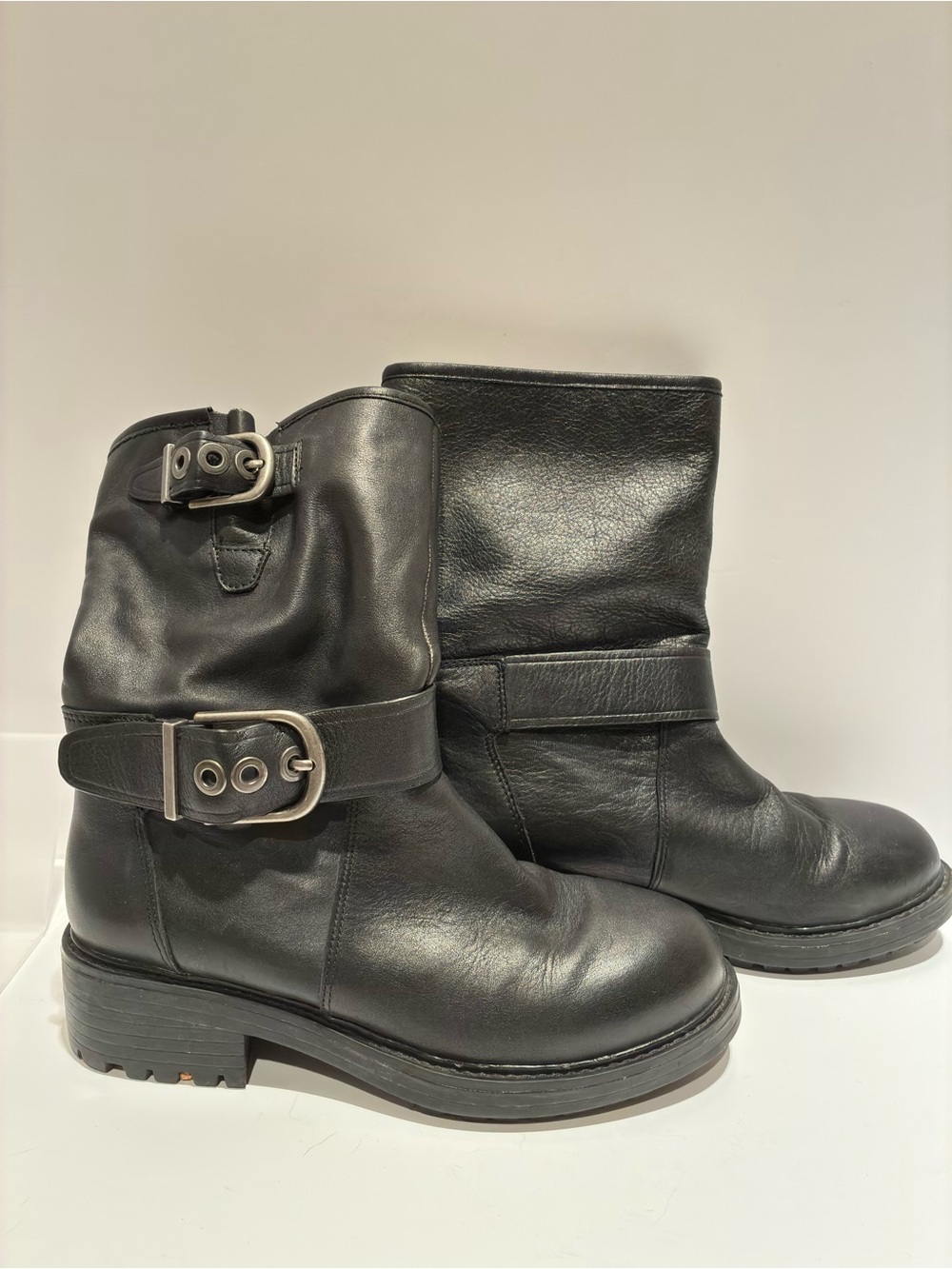 Aldo Black Leather Mid-Calf Buckle Strap Combat Boots
